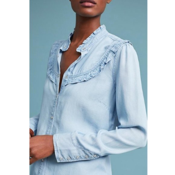 Anthropologie Maeve Ruffle Chambray Top - Picture 2 of 10